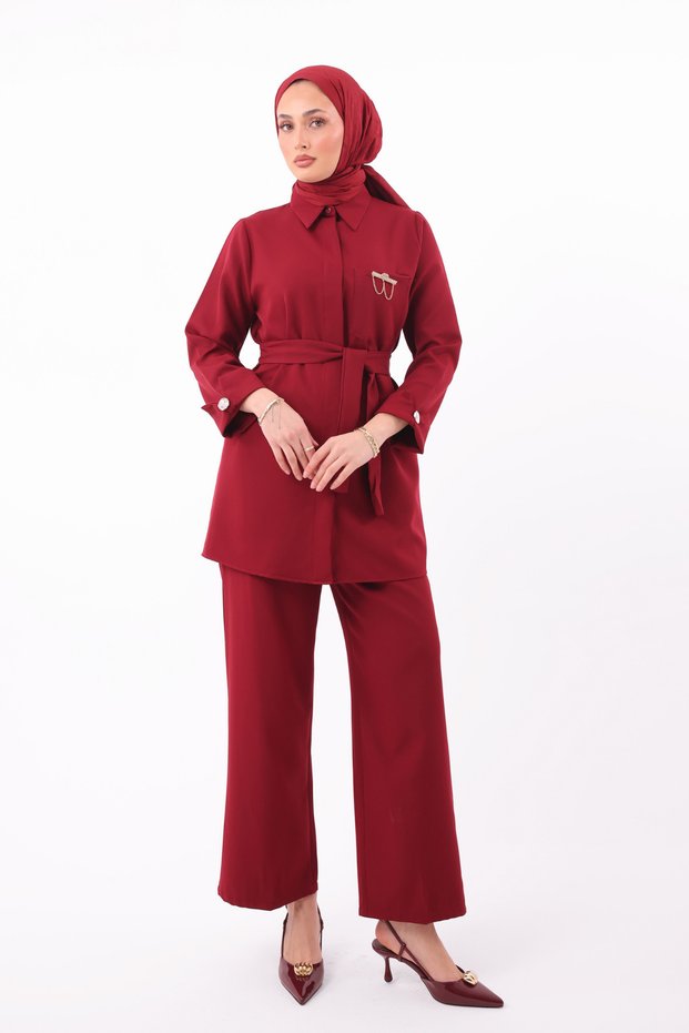 Shirt Collar Belted Waist Double Crepe Woven Hijab Suit 1181