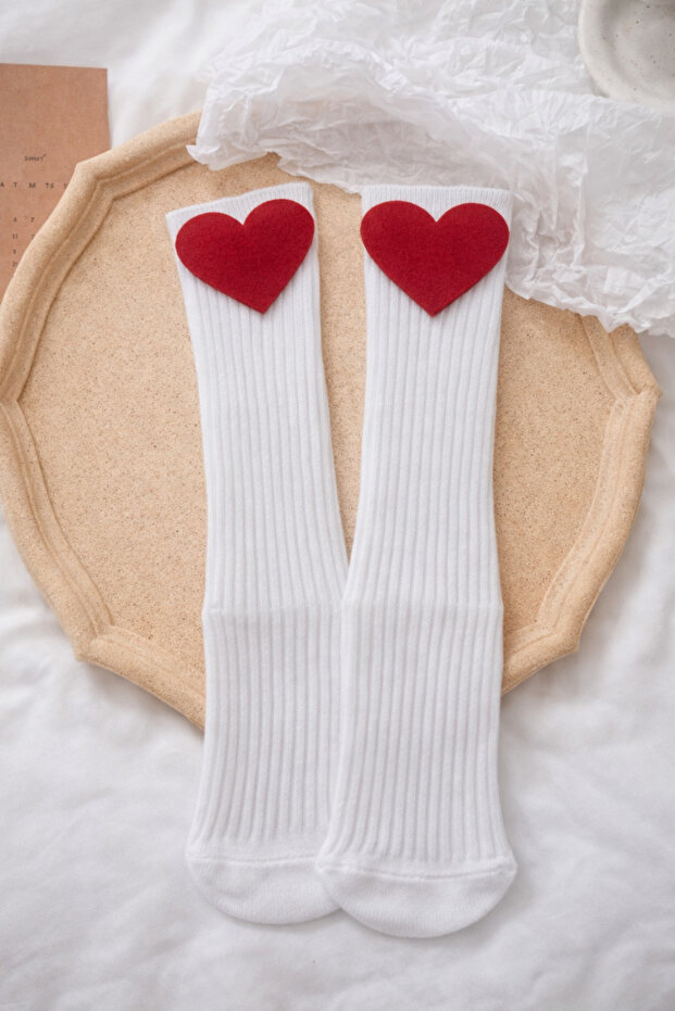 Girl's White Knee-Length Red Heart Felt Socks