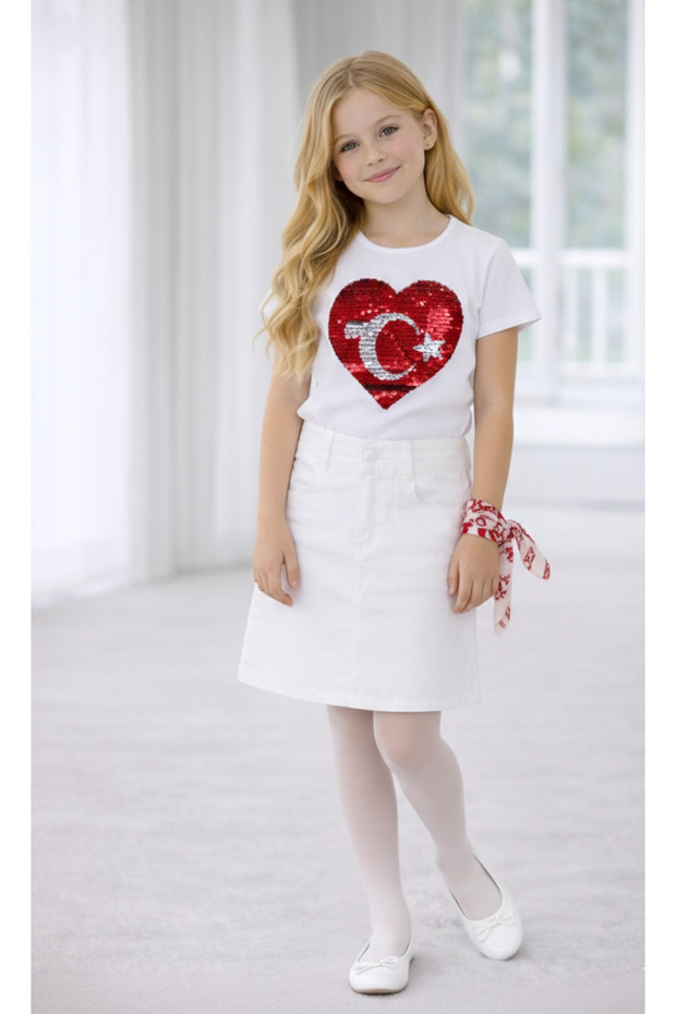 Girl's April 23 October 29 Performance Outfit Costume Tutu Skirt Short Sleeve Patterned Tshirt Set-076