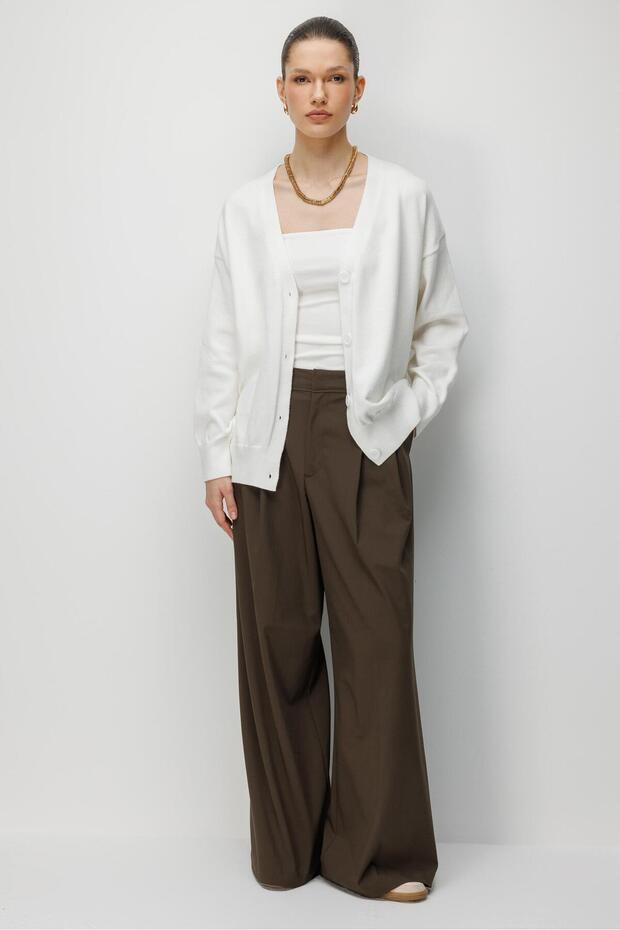 7023 Kadın Düğmeli Basic Premium Hırka Naturel - 2