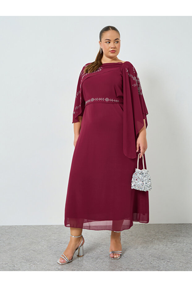Plus Size Burgundy Embellished Cape Sleeve Maxi Dress
