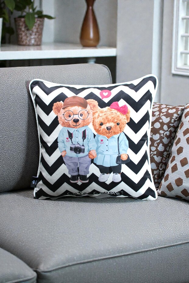 Cushion Cover 45X45 cm Teddy Bear Patterned – Babyface Fabric with White Piping and Hidden Zipper