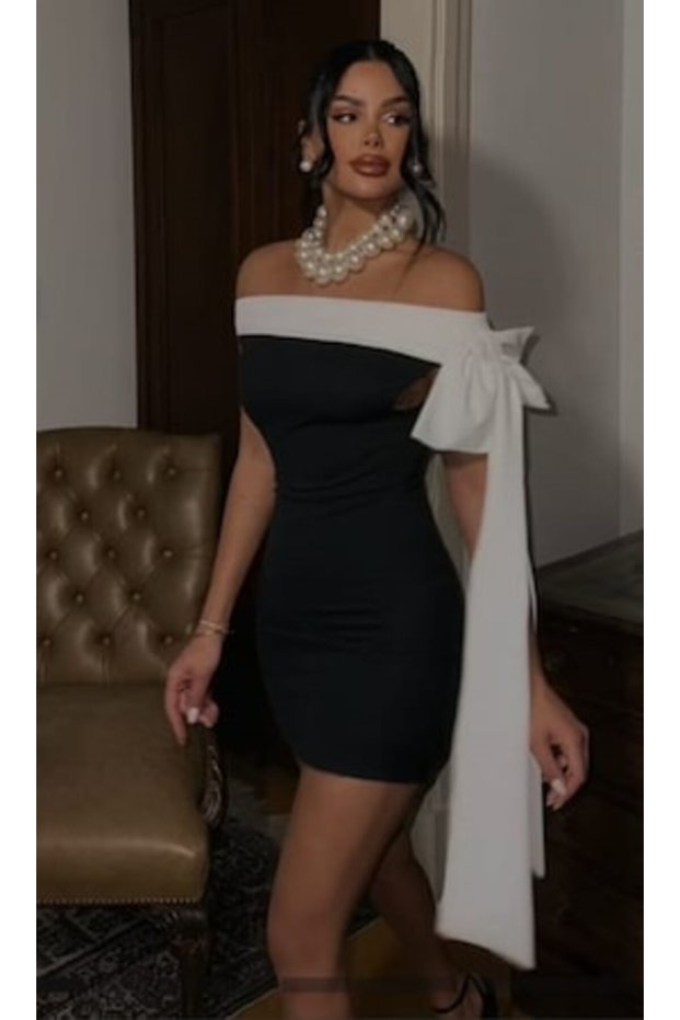 Rochie neagră elegantă cu fundă, mărimea M