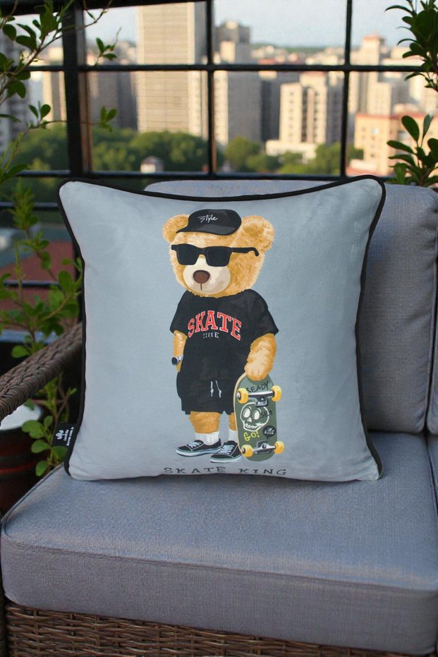 Cushion Cover 45X45 cm Teddy Bear Patterned – Babyface Fabric with White Piping and Hidden Zipper