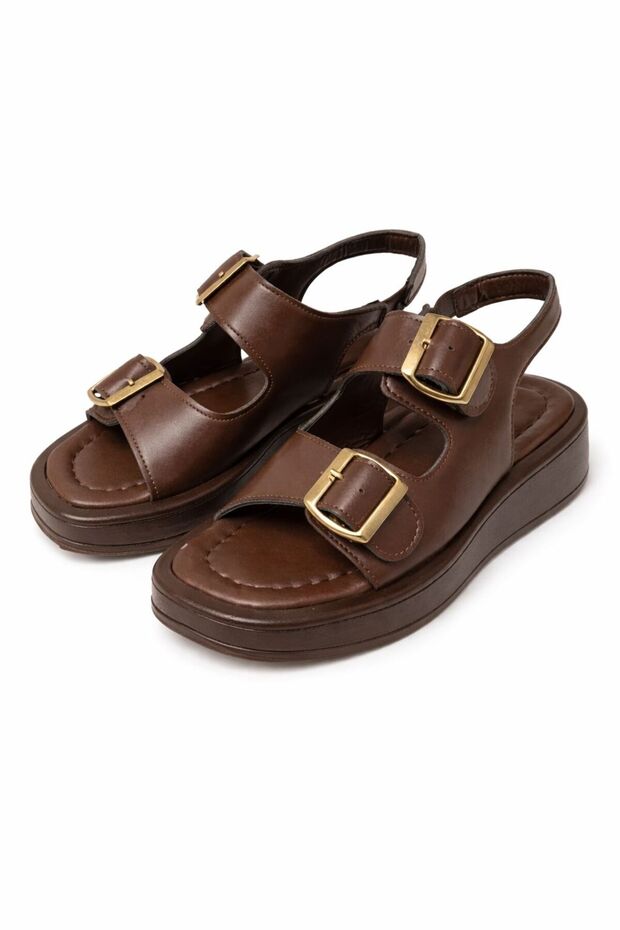 Brown Women's Sandals with Wedge Heels, Double Straps, Elastic Back and Buckle