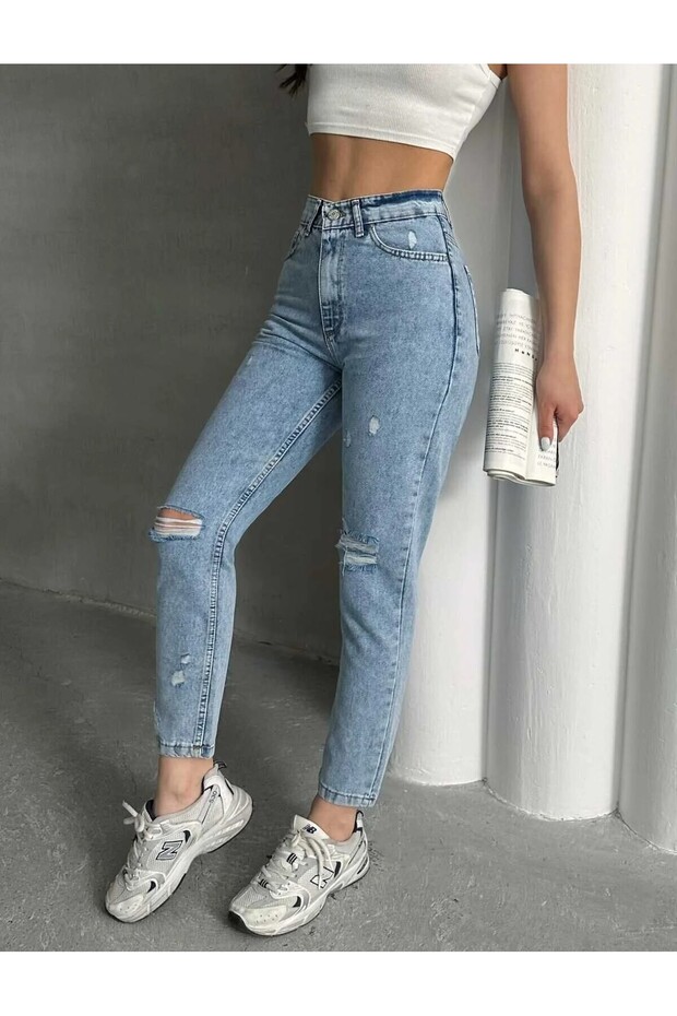HIGH WAIST STONE WASH KNEE LASER RIPPED DETAIL MOM JEANS