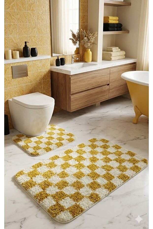 Chess Dama Patterned Latex Non-Slip Base Machine Washable 2-Piece Bohemian Bath Mat 80X50 50X40 cm