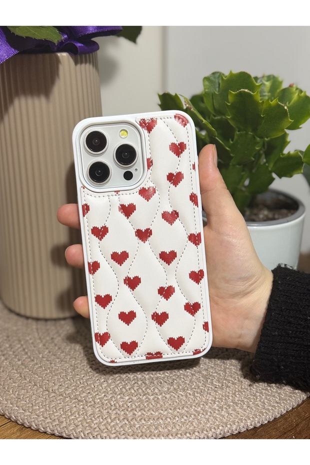 Heart Pattern Premium Inflatable Quilted Phone Case Compatible with iPhone 15 Pro Max