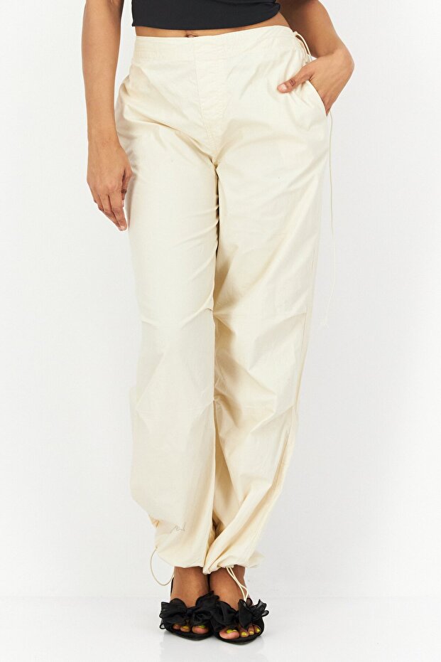 Women Drawstring Plain Track Pants, Beige