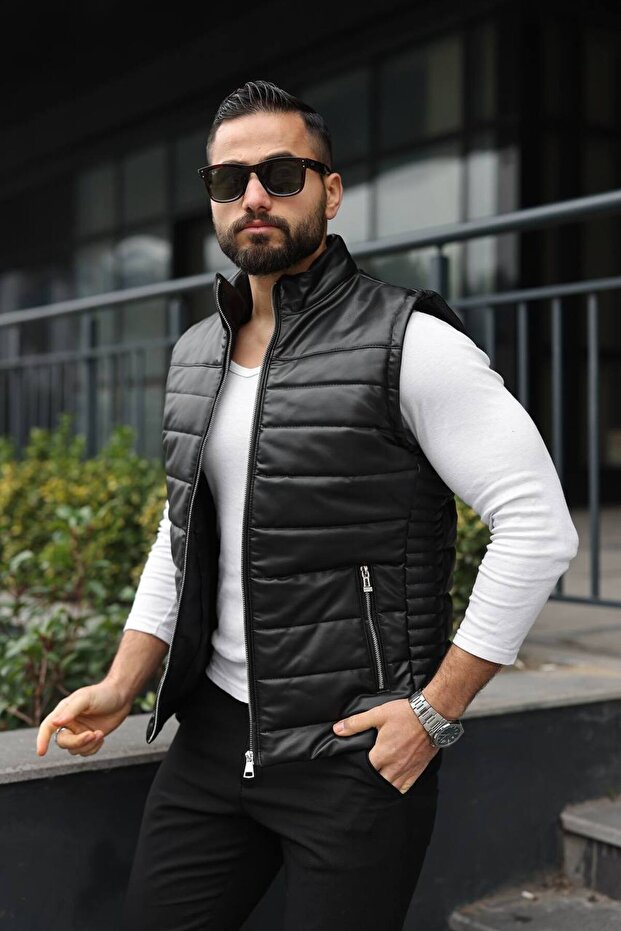 Basic Slim Fit Deri Yelek - 1