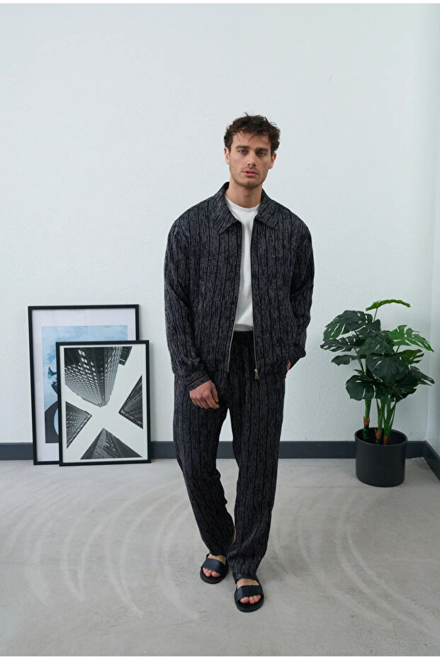 Men's striped zipper jacket - tie-front pants (top-bottom set)