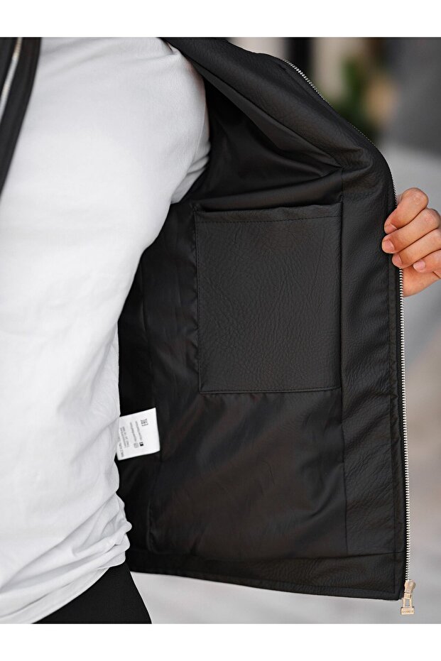 Basic Leather Jacket with Snap Collar - 3