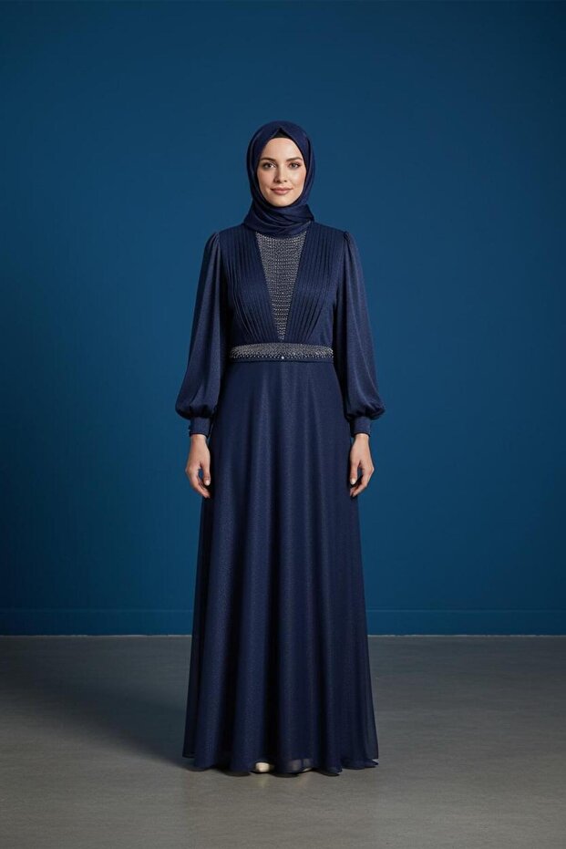 Evening Dress with Pleated Front and Stone-Embellished Front Belt