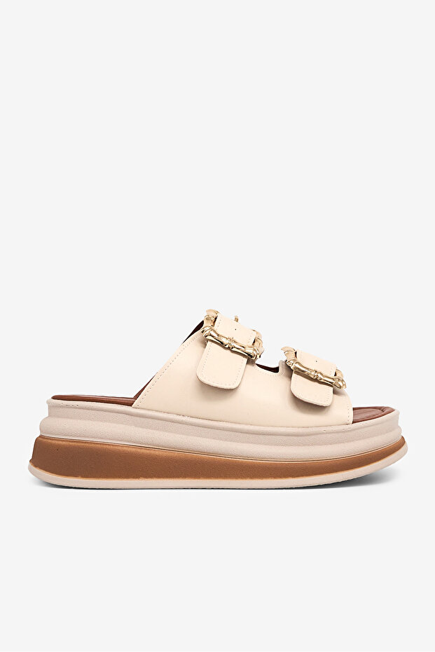 Women's Beige Comfortable Fit High Sole Buckle Slippers