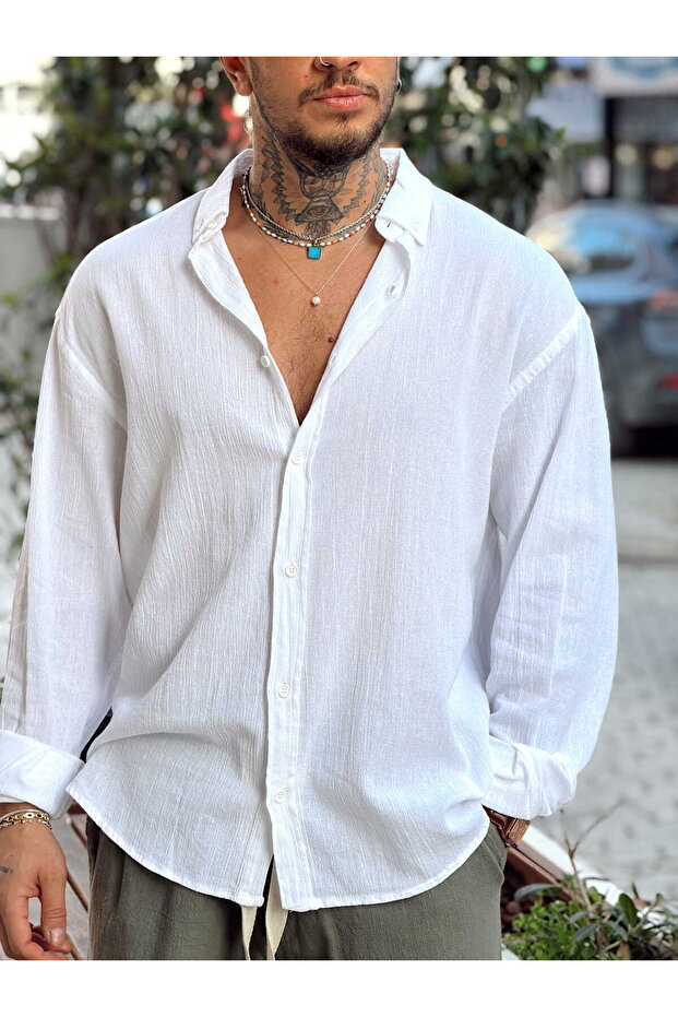 Oversize kroj Krčnjava Lan Košulja Bela - 3