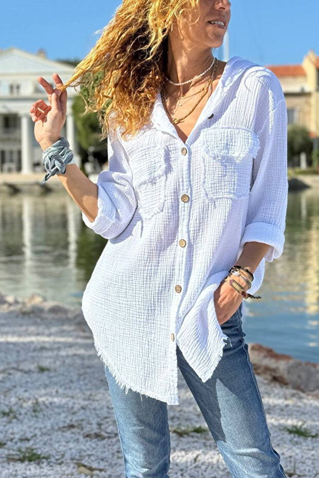 White Hooded Buttoned Pocketed Tacky Stitched Cotton Loose Woven Shirt 70 50