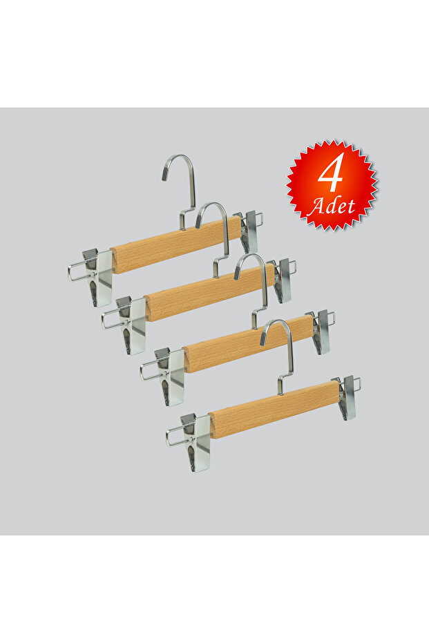 Wooden (Silver Hook Lama) Pants and Skirt Hangers with Latches, Natural Color, 4 Pieces