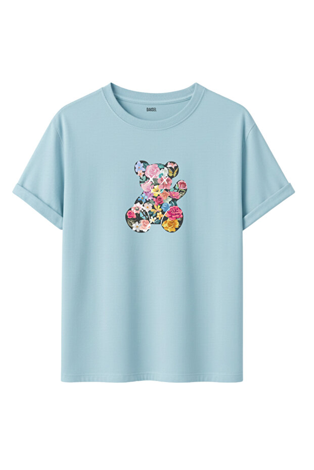 Women's Colorful Floral Teddy Bear Printed Basic Cut 100% Cotton T-Shirt