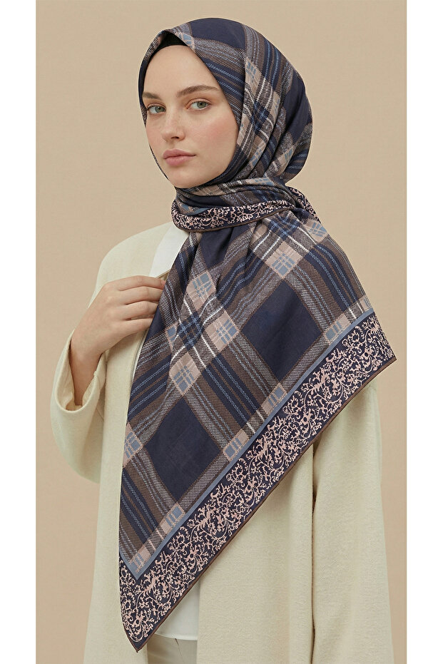 Plaid Patterned Rayon Scarf - Dark Blue / Indigo