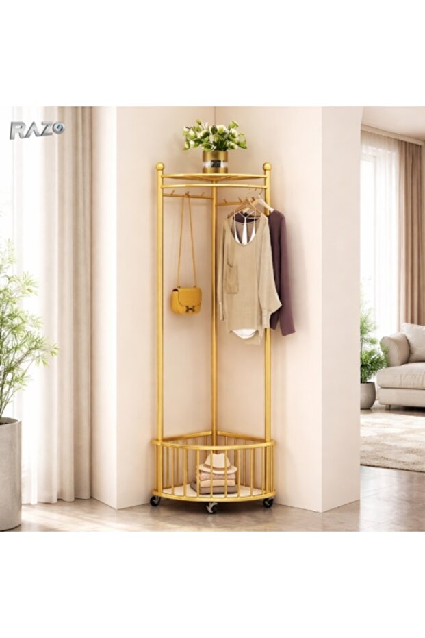 RAZO corner coat rack with wheels, Metal, Multifunctional clothes rack, 40x40x160 cm, Gold - 1