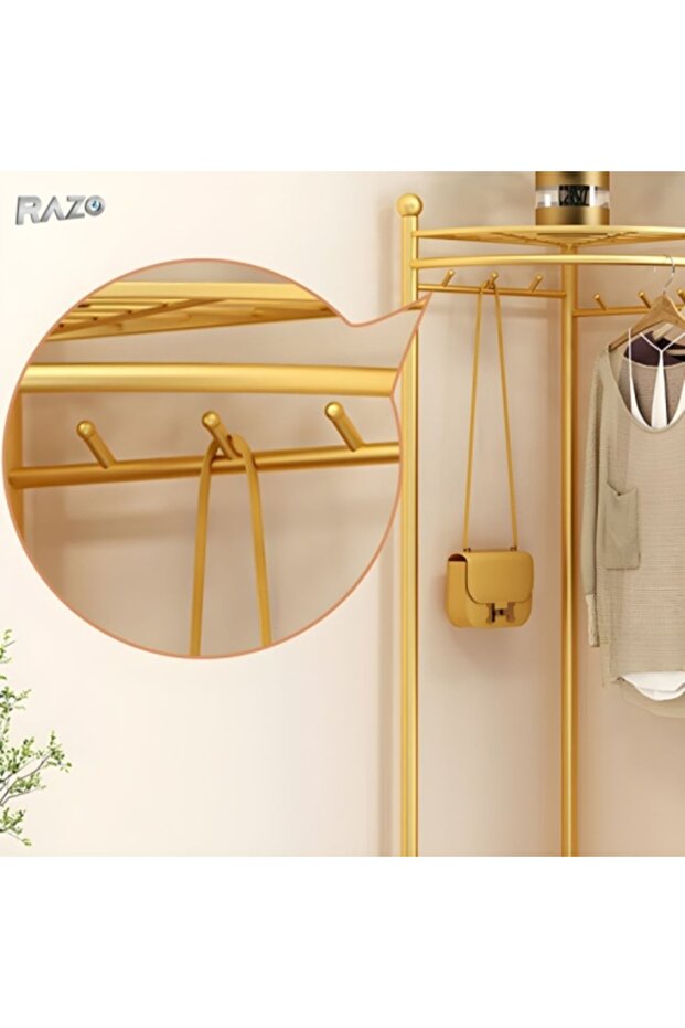 RAZO corner coat rack with wheels, Metal, Multifunctional clothes rack, 40x40x160 cm, Gold - 5
