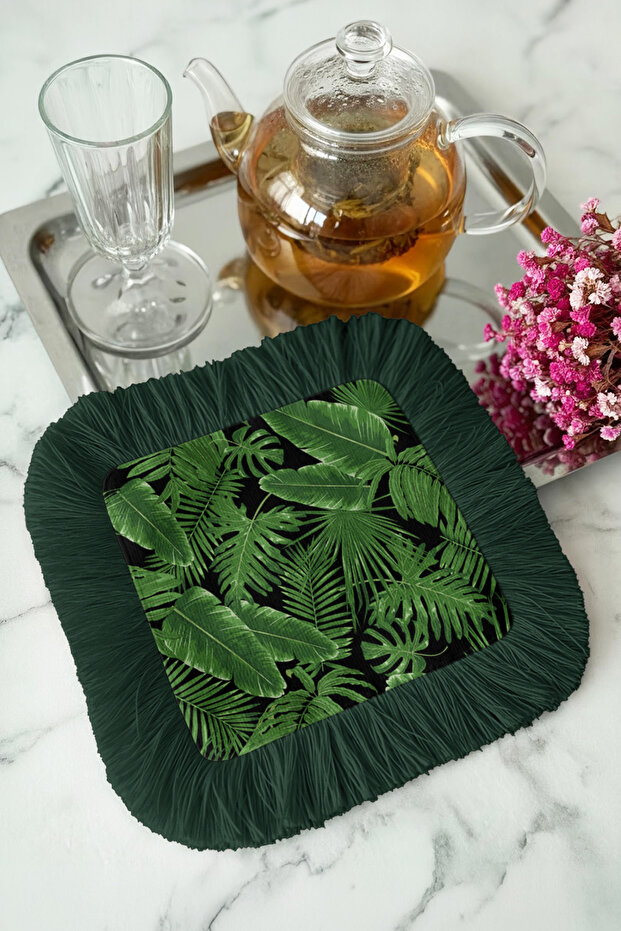 Tropical Leaf Fringed Presentation Napkin - Natural Green Bohemian Dark Green Coaster Serving Napkin