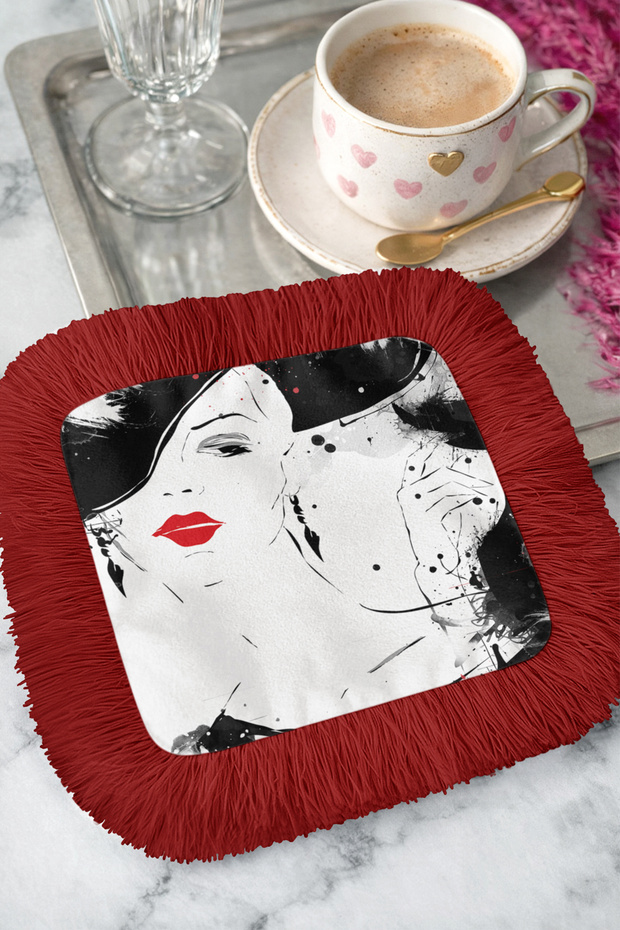 Elegant Art Illustration Tasseled Presentation Napkin-Modern Women's Black Red Coaster Tissue