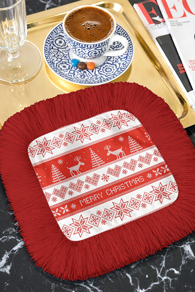 Nordic New Year's Festive Fringed Presentation Napkin - Winter Themed Rustic Red and White Coaster Napkin