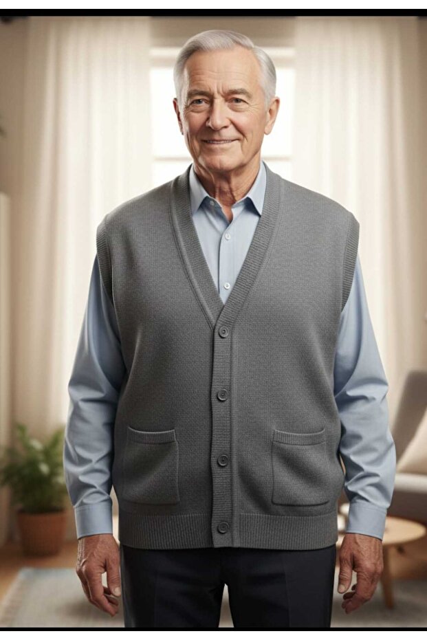 Buttoned Pocketed Thin Wool Dad Knitting Vest - 1