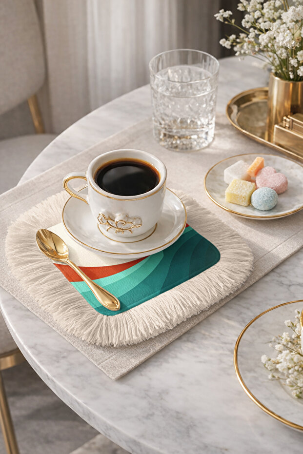 Modern Retro Fringed Presentation Napkin-Abstract Sunset Bohemian Turquoise Orange Beige Coaster Tissue