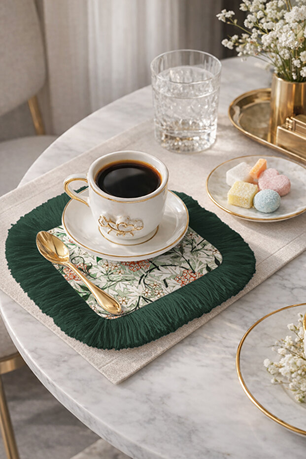 Luxury Flower Garden Fringed Presentation Napkin - Botanical Nordic Green White Coaster Tissue