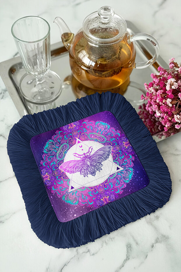 Mystical Night Fringed Presentation Napkin-Purple Ethnic Galaxy Navy Blue Fringed Coaster Serving Napkin