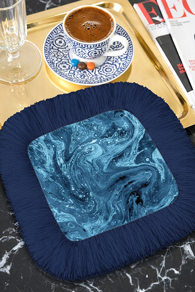 Night Wave Fringed Presentation Napkin - Marine Spirit Bohemian Dark Blue Design Coaster Tissue