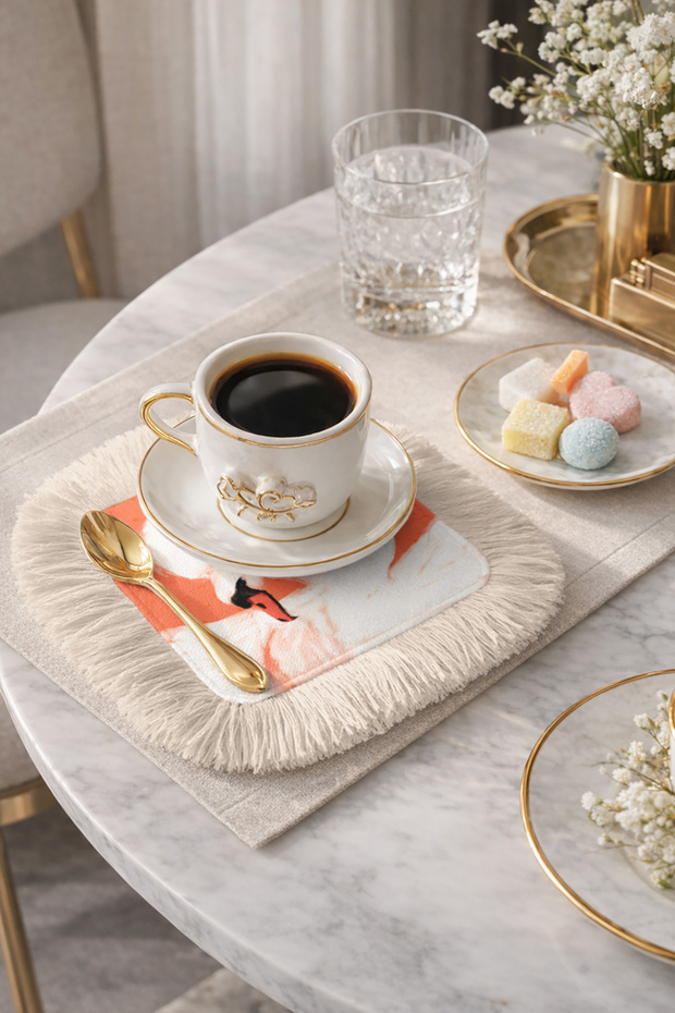 Elegant Swan Figured Fringed Presentation Napkin - Stylish Bohemian Salmon Elegan Cream Coaster Serving Napkin