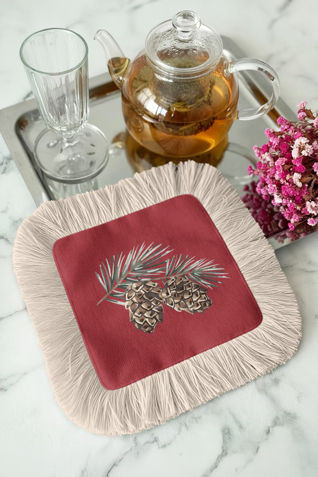 Stylish Fringed Serving Cocktail Napkin with Pine Cones - Natural Winter Rustic Red Cream Coaster Tissue