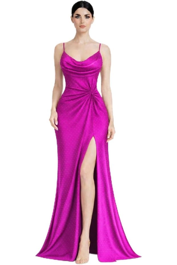 Women’s Elegant Evening Maxi Dress with Draped Bodice, Rhinestone Embellishment & Side Slit