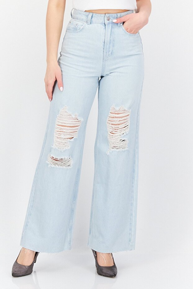 Women Regular Fit Ripped Non Stretchable Denim Jeans, Wash Blue