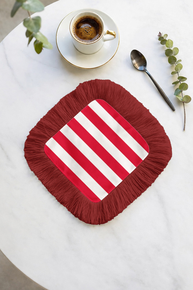 Red and White Striped Fringed Decorative Napkin - Vibrant Modern Red Fringed Coaster Tissue