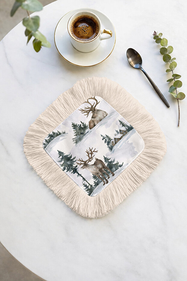 Nordic Deer Forest Fringed Coffee Side Serving Napkin - Winter Nature Rustic Green Cream Presentation Napkin