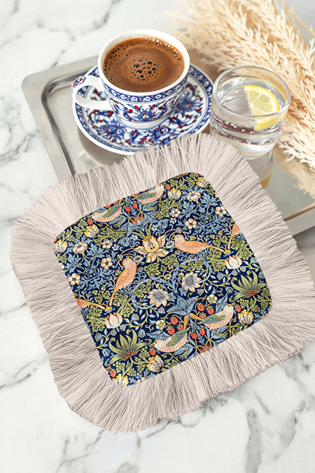 Luxury Bird Garden Motif Fringed Coffee Side Serving Napkin - Vintage Botanical Blue Beige Presentation Napkin