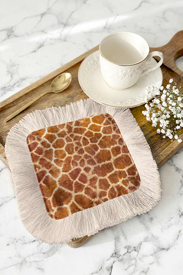 Giraffe Fringed Coffee Side Serving Napkin - Elegant Bohemian Cream Fringed Coffee Side Presentation Napkin