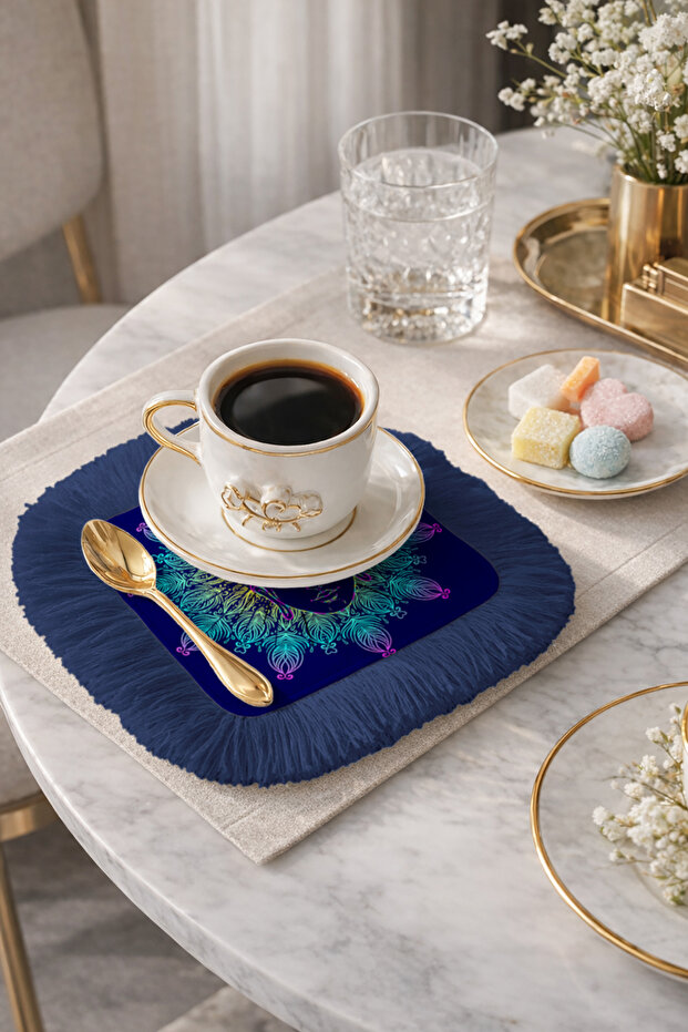 Buddha Mandala Motif Fringed Presentation Napkin - Spiritual Bohemian Navy Blue Green Coaster Tissue