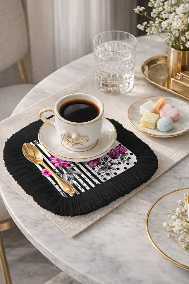 Baroque Striped Floral Fringed Presentation Napkin - Elegant Glam Bohemian Black Fuchsia Coaster Tissue
