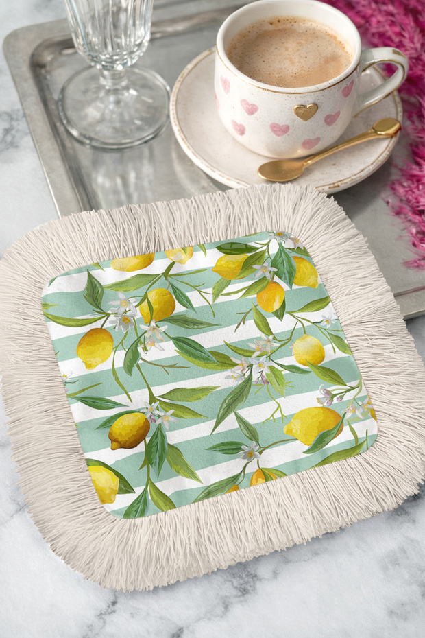 Lemon Blossom Spring Elegance Fringed Presentation Napkin - Mediterranean Style Green Yellow Ecru Coaster Tissue