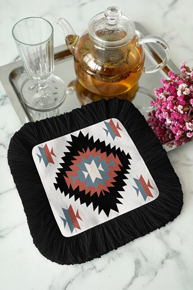 Ethnic Luxury Fringed Presentation Napkin - Geometric Bohemian Black and Red Design Coaster Napkin