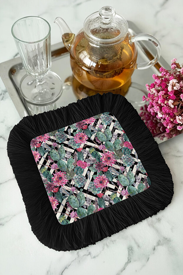 Floral Cactus Tassel Presentation Napkin - Geometric Bohemian Green Black Fringe Coaster Tissue