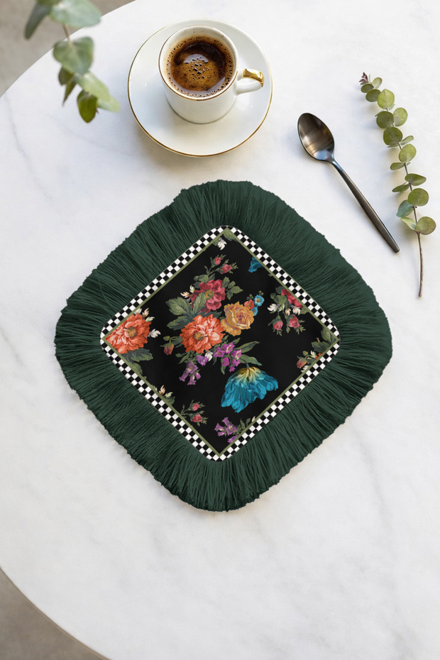 Baroque Floral Fringed Presentation Placemat Tissue - Spring Garden Bohemian Black Green Presentation Napkin