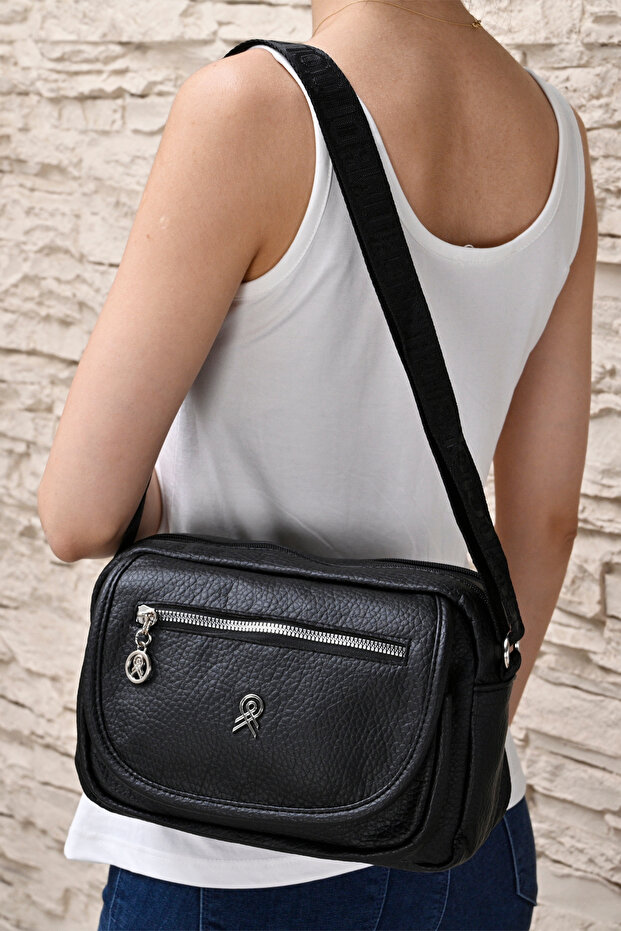 Women's 4-Compartment Snap Closure Zippered Column Strap Crossbody Shoulder Bag