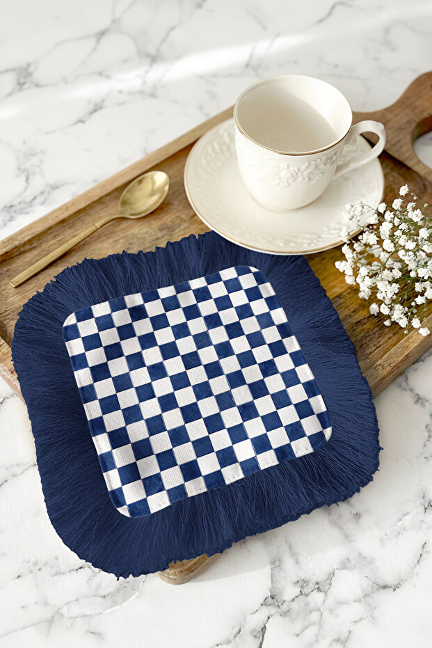Elegant Plaid Fringed Decorative Fabric Napkin - Retro Navy Blue Coaster Tissue with Square Motif
