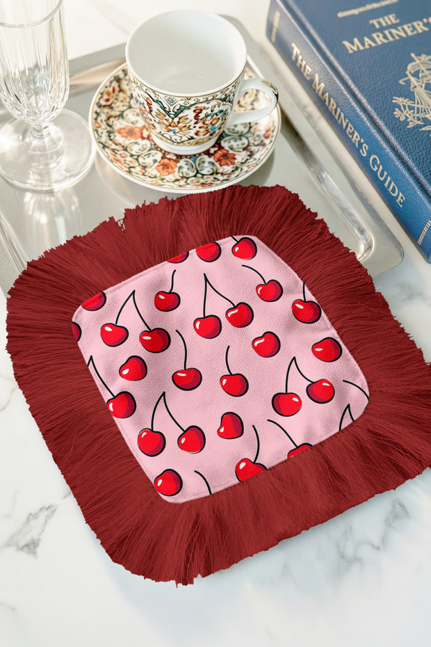 Luxurious Cherry Fringed Decorative Fabric Napkin - Cheerful Pink Retro Red Coaster Tissue